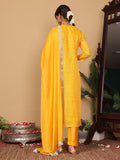 Varanga Women Mustard Bandhani Printed Round Neck Embroidered Yoke Straight Kurta Paired With Tonal Bottom And Dupatta