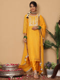 Varanga Women Mustard Bandhani Printed Round Neck Embroidered Yoke Straight Kurta Paired With Tonal Bottom And Dupatta