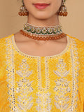 Varanga Women Mustard Bandhani Printed Round Neck Embroidered Yoke Straight Kurta Paired With Tonal Bottom And Dupatta