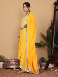 Varanga Women Mustard Bandhani Printed Round Neck Embroidered Yoke Straight Kurta Paired With Tonal Bottom And Dupatta