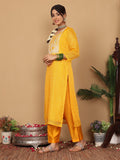 Varanga Women Mustard Bandhani Printed Round Neck Embroidered Yoke Straight Kurta Paired With Tonal Bottom And Dupatta