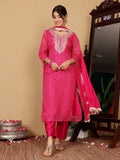 Varanga Women Pink Bandhani Printed Straight Kurta Paired With Bottom And Dupatta