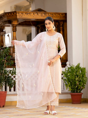 Varanga Women Peach Thread Embroidered Kurta With Tonal Bottom And Organza Dupatta
