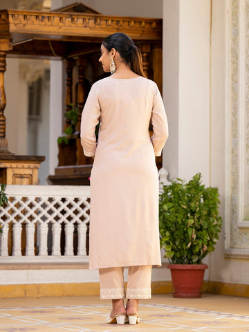 Varanga Women Peach Thread Embroidered Kurta With Tonal Bottom And Organza Dupatta