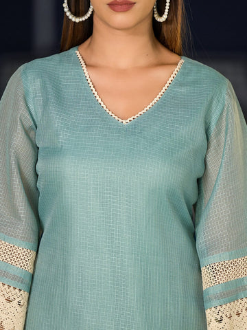 Varanga Women Sea Green Kota Check Embellished With Cotton Lace Straight Kurta Paired With Bottom And Dupatta