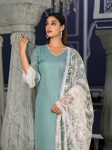 Varanga Women Sea Green Kota Check Embellished With Cotton Lace Straight Kurta Paired With Bottom And Dupatta