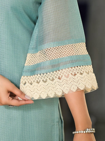 Varanga Women Sea Green Kota Check Embellished With Cotton Lace Straight Kurta Paired With Bottom And Dupatta