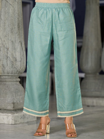 Varanga Women Sea Green Kota Check Embellished With Cotton Lace Straight Kurta Paired With Bottom And Dupatta