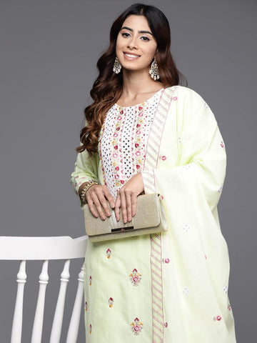 Varanga Women Green Thread And Mirror Embroidered Kurta With Tonal Bottom And Dupatta