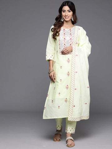 Varanga Women Green Thread And Mirror Embroidered Kurta With Tonal Bottom And Dupatta