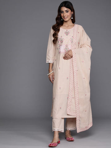 Varanga Women Beige Thread And Sequins Embroidered Kurta With Tonal Bottom And Dupatta