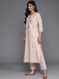 Varanga Women Beige Thread And Sequins Embroidered Kurta With Tonal Bottom And Dupatta