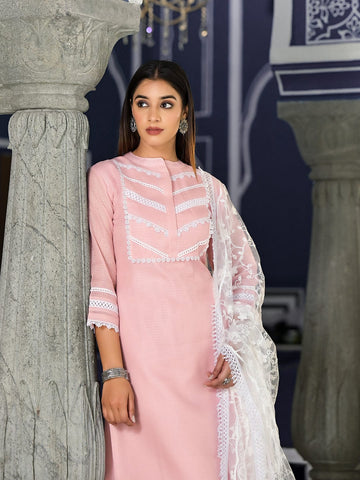 Varanga Women Pink Kota Check Cotton Lace Detailed Kurta Paired With Bottom And Dupatta