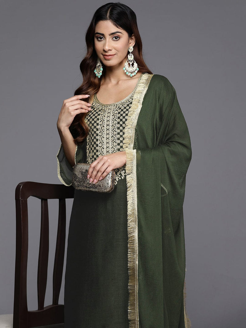 Varanga Women Olive Zari Embroidered Kurta With Bottom And Dupatta