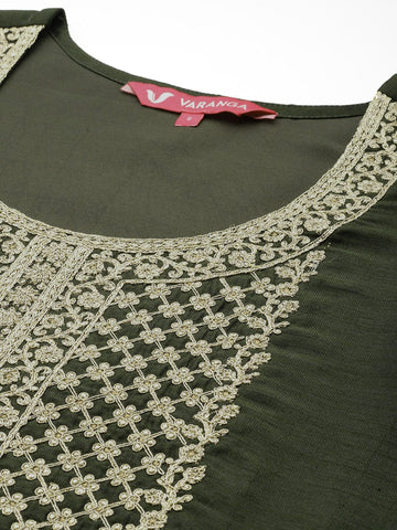 Varanga Women Olive Zari Embroidered Kurta With Bottom And Dupatta