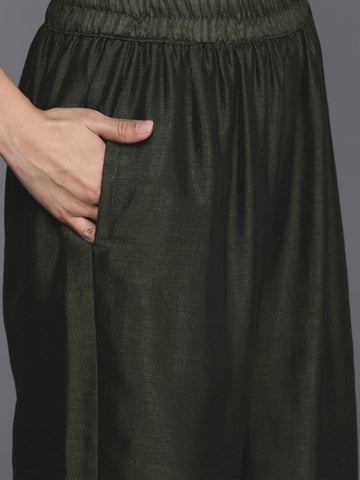 Varanga Women Olive Zari Embroidered Kurta With Bottom And Dupatta