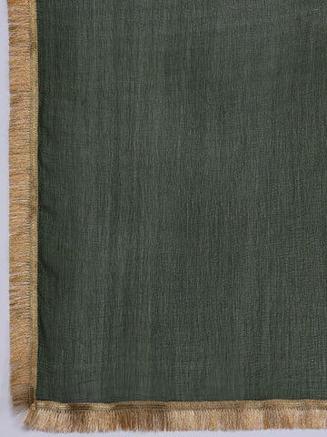 Varanga Women Olive Zari Embroidered Kurta With Bottom And Dupatta