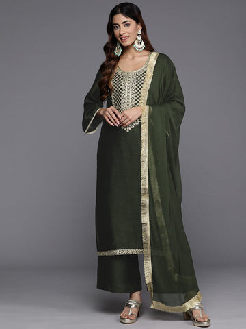 Varanga Women Olive Zari Embroidered Kurta With Bottom And Dupatta