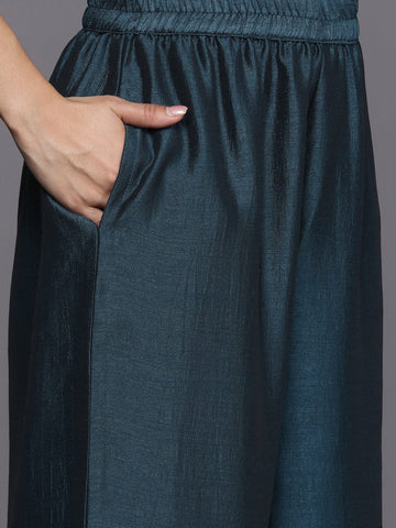 Varanga Women Teal Round Neck With Heavy Zari Embroidered Kurta With Bottom And Dupatta