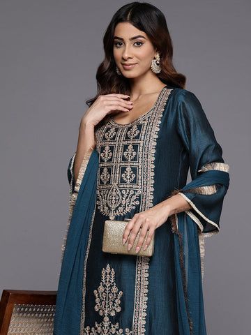 Varanga Women Teal Round Neck With Heavy Zari Embroidered Kurta With Bottom And Dupatta