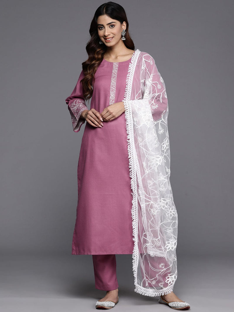 Varanga Women Mauve Embroidered Kurta With Paired Bottom And Dupatta