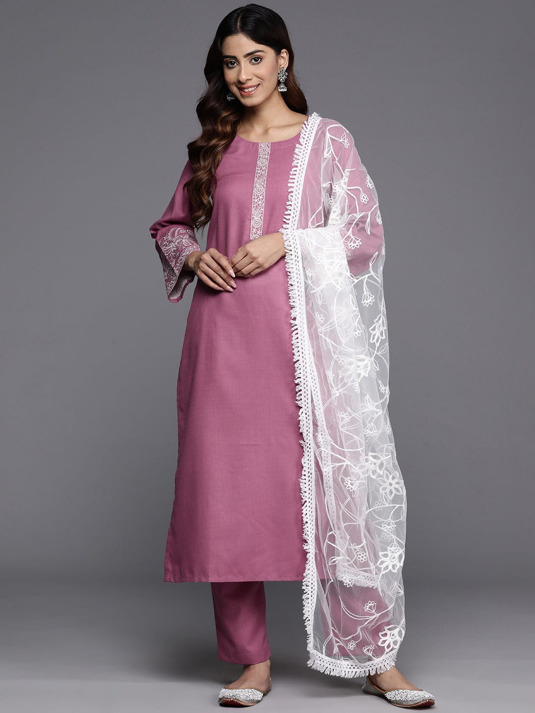 Varanga Women Mauve Embroidered Kurta With Paired Bottom And Dupatta