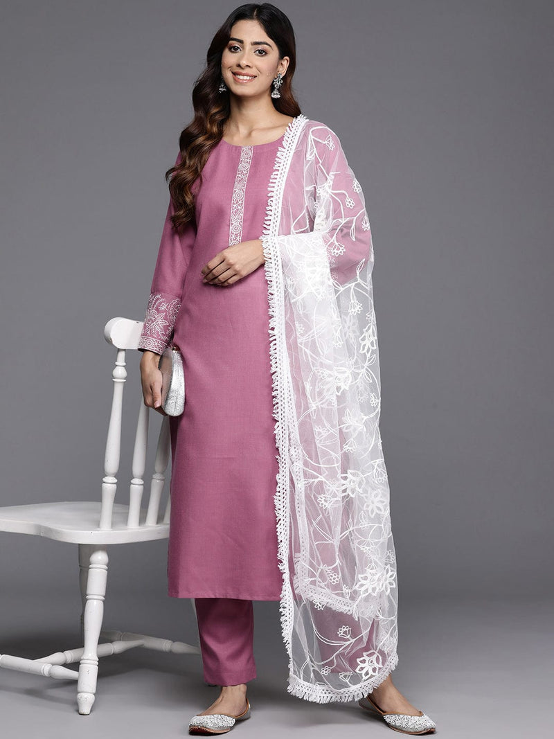 Varanga Women Mauve Embroidered Kurta With Paired Bottom And Dupatta
