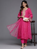 Varanga Women Pink Chanderi Brocade, Zari Embroidered Sequims Embellished Straight Kurta Paired With Tonal Bottom And Dupatta