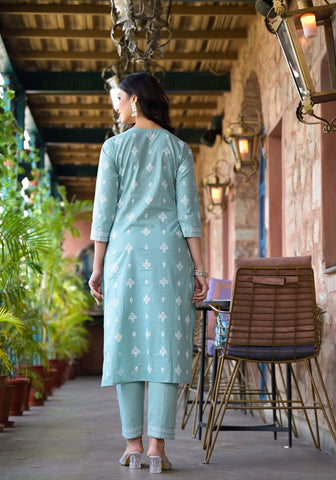 Varanga Women Sea Green Rubber Printed, Mirror Embellished Straight Kurta Paired With Bottom And Dupatta