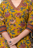 Varanga Women Mustard Yellow Floral Printed V-Neck Mirror Embellished Straight Kurta Paired Wirh Printed Bottom And Dupatta