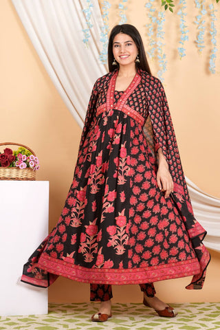 Varanga Women Floral Printed Embellished Panelled Anarkali Kurta Paired With Printed Bottom And Dupatta