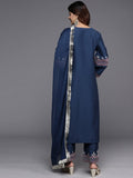 Varanga Women Blue Embroidered Straight Kurta Paired With Tonal Embroidered Bottom And With Tonal Chiffon Dotted Dupatta