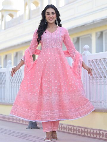 Varanga Women Floral Printed V-Neck Embellished Anarkali Kurta Paired With Bottom And Printed Dupatta