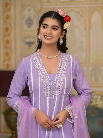 Varanga Women Lavender V-Neck Embroidered, Cotton Lace Detailed Anarkali Kurta Paired With Palazzo & Embroidered Dupatta