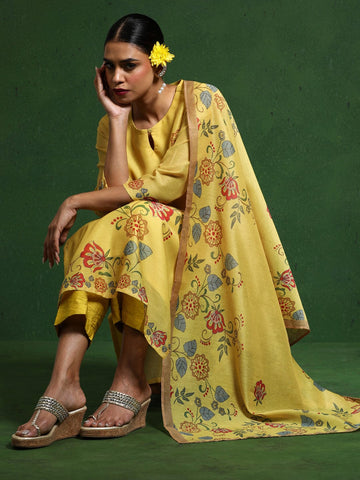 Varanga Women Round Neck Floral Printed Embroidered Kurta Paired With Solid Bottom And Dupatta