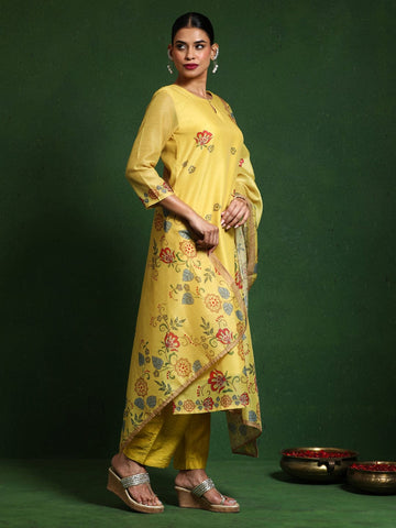 Varanga Women Floral Embroidered Sequinned Chanderi Silk Kurta with Trousers & Dupatta