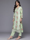 Varanga Women Green Floral Printed With Lace Deatiled Kurta With Bottom And Dupatta