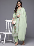 Varanga Women Green Floral Printed With Lace Deatiled Kurta With Bottom And Dupatta