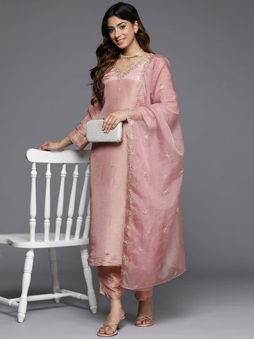 Varanga Women V-Neck Embroidered Kurta Paired With Bottom And Organza Dupatta