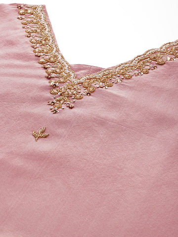 Varanga Women V-Neck Embroidered Kurta Paired With Bottom And Organza Dupatta