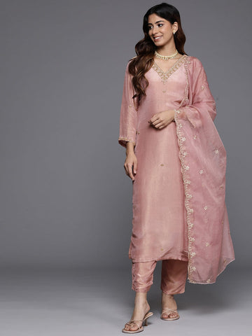 Varanga Women V-Neck Embroidered Kurta Paired With Bottom And Organza Dupatta