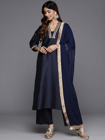 Varanga Women Navy Blue Gotta Lace Embellished A-Line Kurta With Bottom And Dupatta