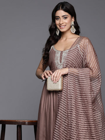 Varanga Women Coffee Brown Round Neck, Sleeveless Straight Kurta Paired With Tonal Bottom And Dupatta.