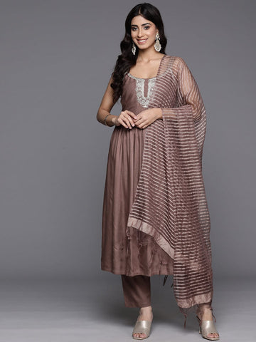 Varanga Women Coffee Brown Round Neck, Sleeveless Straight Kurta Paired With Tonal Bottom And Dupatta.