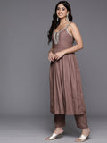 Varanga Women Coffee Brown Round Neck, Sleeveless Straight Kurta Paired With Tonal Bottom And Dupatta.