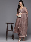 Varanga Women Coffee Brown Round Neck, Sleeveless Straight Kurta Paired With Tonal Bottom And Dupatta.