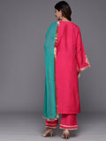 Varanga Women Fuchsia Pink Zari Embroidered Kurta With Bottom And Dupatta