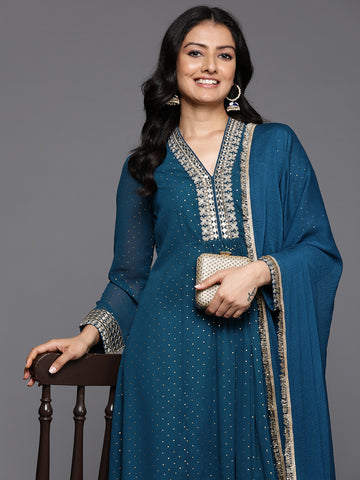 Varanga Women Blue Dotted Zari And Mirror Embellished A-Line Kurta With Bottom And Dupatta