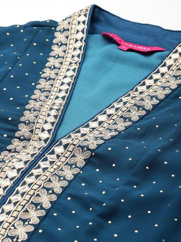 Varanga Women Blue Dotted Zari And Mirror Embellished A-Line Kurta With Bottom And Dupatta