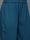 Varanga Women Blue Dotted Zari And Mirror Embellished A-Line Kurta With Bottom And Dupatta